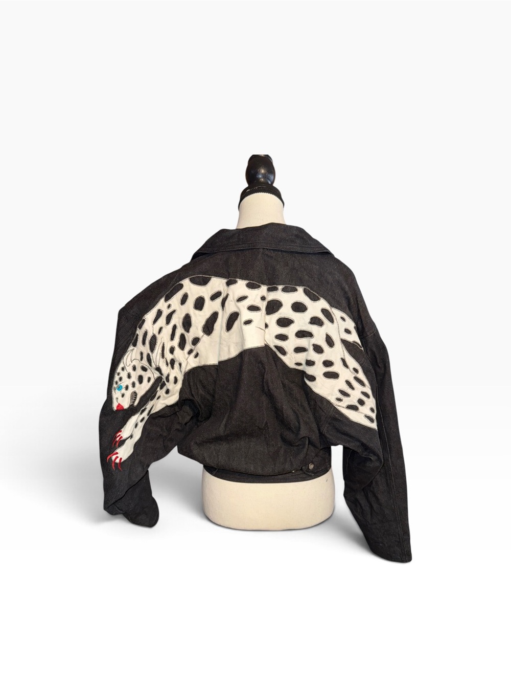 Rare 1970s Trash Clothing Black Denim White Leather Leopard Jacket 1976